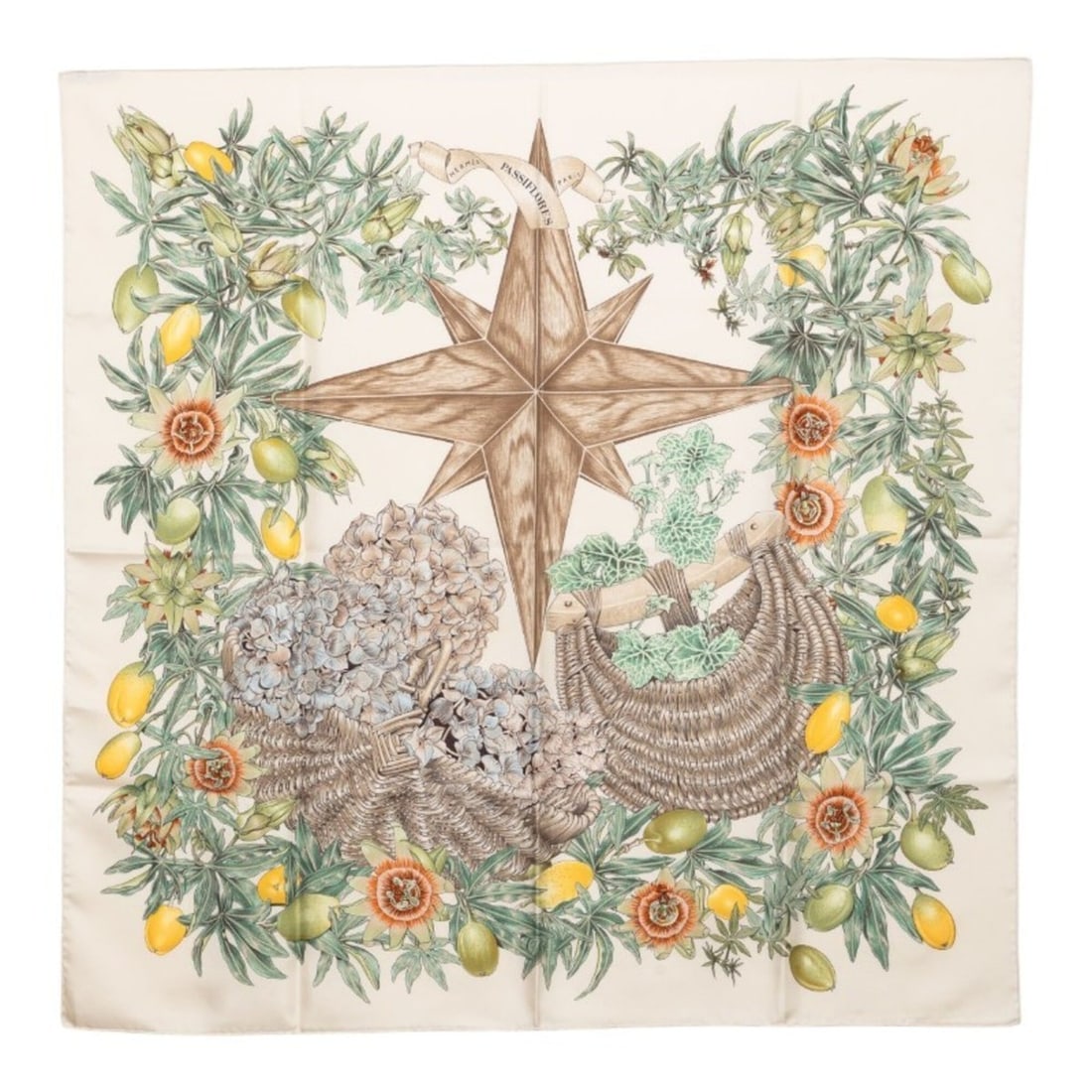 Hermes Carre 90 PASSIFLORES Passion Flower Scarf/Muffler, Large Size, White/Multicolor Silk, Women's: --- Catalog ---Category: SizeSize (LxW): 88cm x 89cm / 34.64'' x 35.03''Category: DesignType: ScarfColor: Multi-color, WhiteGender: WomenMaterial: Silk Category: GeneralBrand: Hermes--- Item List ---S