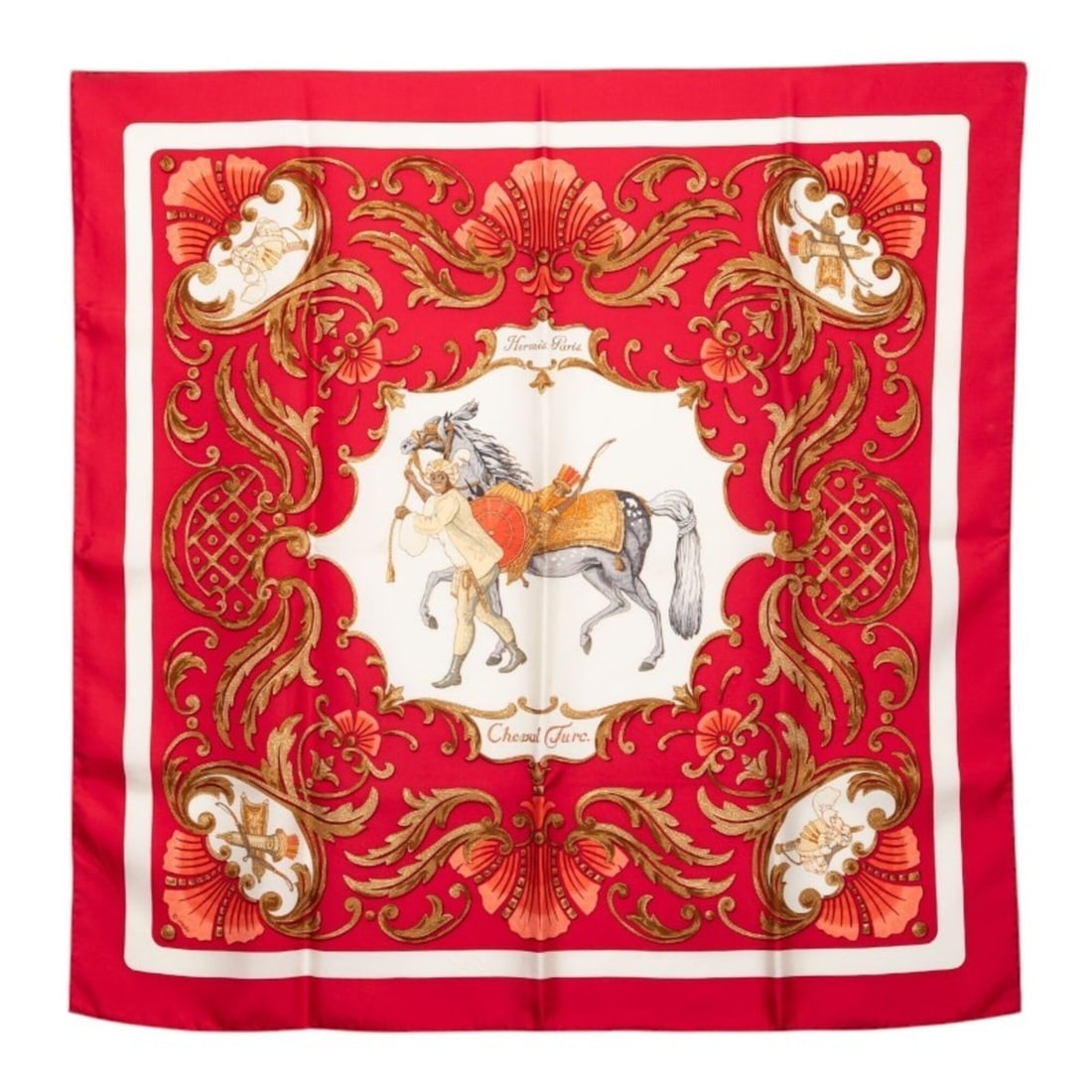 Hermes Carre 90 Cheval Turc Turkish Horse Scarf Muffler Red White Silk Women's HERMES: --- Catalog ---Category: SizeSize (LxW): 86cm x 86.5cm / 33.85'' x 34.05''Category: DesignType: ScarfColor: Red color, WhiteGender: WomenMaterial: Silk Category: GeneralBrand: Hermes--- Item List ---S