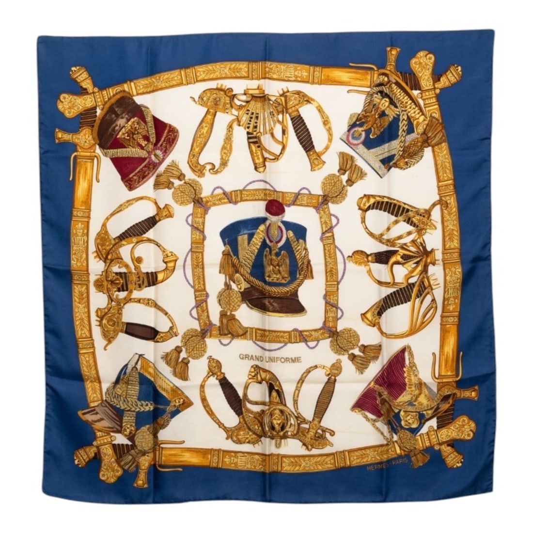 Hermes Carre 90 GRAND UNIFORME Scarf/Muffler, Large Size, Blue/Multicolor Silk, Women's.: --- Catalog ---Category: SizeSize (LxW): 88cm x 86cm / 34.64'' x 33.85''Category: DesignType: ScarfColor: Blue, Multi-colorGender: WomenMaterial: Silk Category: GeneralBrand: Hermes--- Item List ---Se