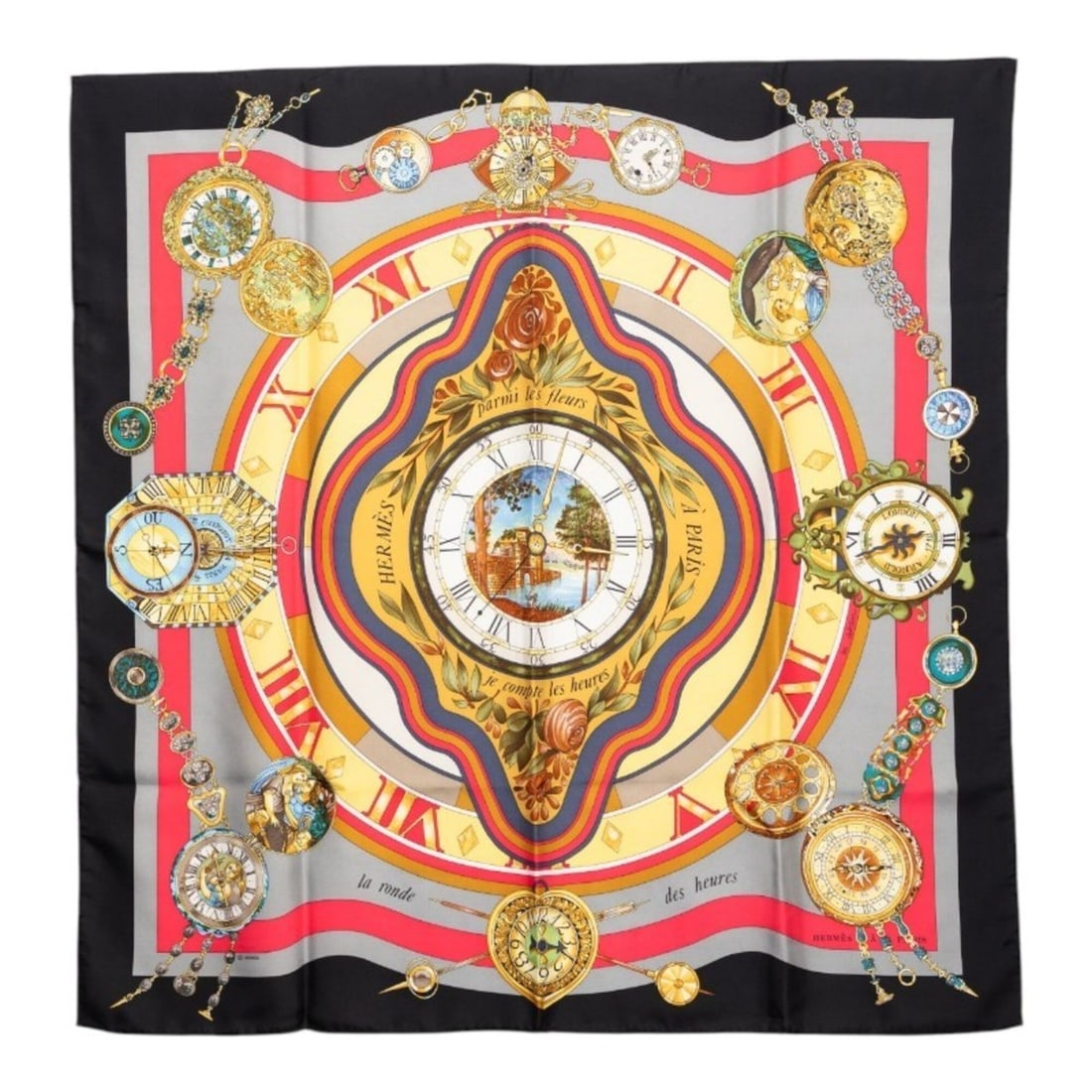 Hermes Carre 90 "Parmi les fleurs je compte heures" (Time spent among flowers) scarf/muffler, large: --- Catalog ---Category: SizeSize (LxW): 89cm x 88cm / 35.03'' x 34.64''Category: DesignType: ScarfColor: Black, Multi-colorGender: WomenMaterial: Silk Category: GeneralBrand: Hermes--- Item List ---S