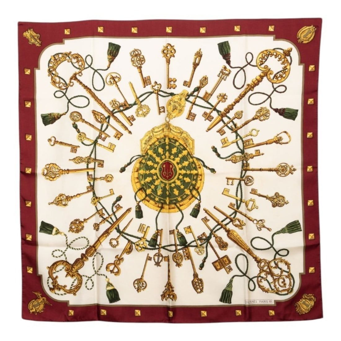 Hermes Carre 90 LES CLES THE KEYS RARE Key Pattern Scarf/Muffler, Large Size, Wine Red/Multicolor: --- Catalog ---Category: SizeSize (LxW): 89cm x 90cm / 35.03'' x 35.43''Category: DesignType: ScarfColor: Multi-color, Red colorGender: WomenMaterial: Silk Category: GeneralBrand: Hermes--- Item List 