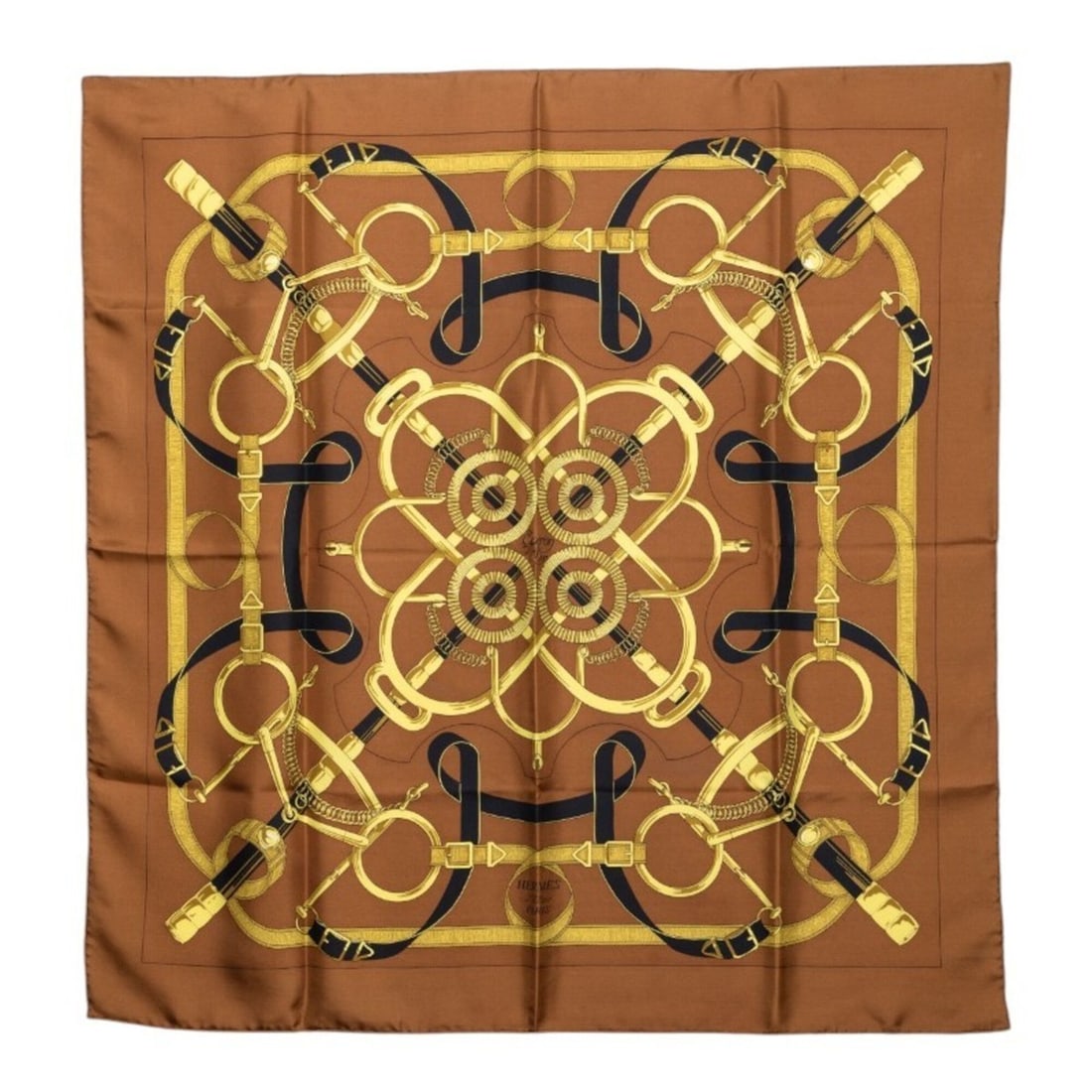 Hermes Carre 90 Eperon d’or (Golden Spur) Scarf/Muffler, Brown Silk, Women's HERMES: --- Catalog ---Category: SizeSize (LxW): 89cm x 87cm / 35.03'' x 34.25''Category: DesignType: ScarfColor: BrownGender: WomenMaterial: Silk Category: GeneralBrand: Hermes--- Item List ---Section: Condi