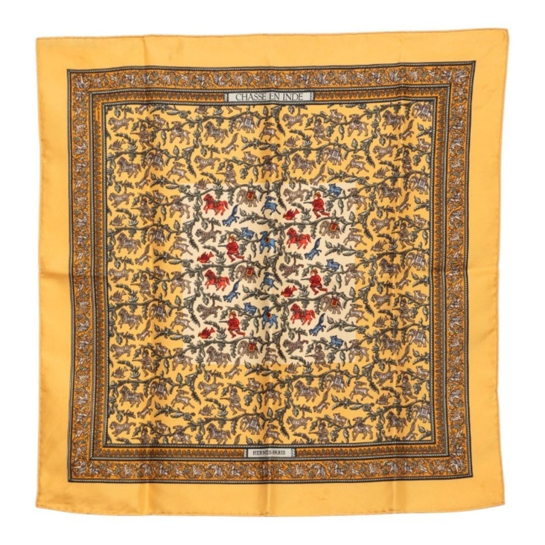 Hermes Carre 45 CHASSE EN INDE (Hunting in India) Scarf/Muffler, Yellow/Multicolor Silk, Women's.: --- Catalog ---Category: SizeSize (LxW): 42cm x 42cm / 16.53'' x 16.53''Category: DesignType: ScarfColor: Multi-color, YellowGender: WomenMaterial: Silk Category: GeneralBrand: Hermes--- Item List ---