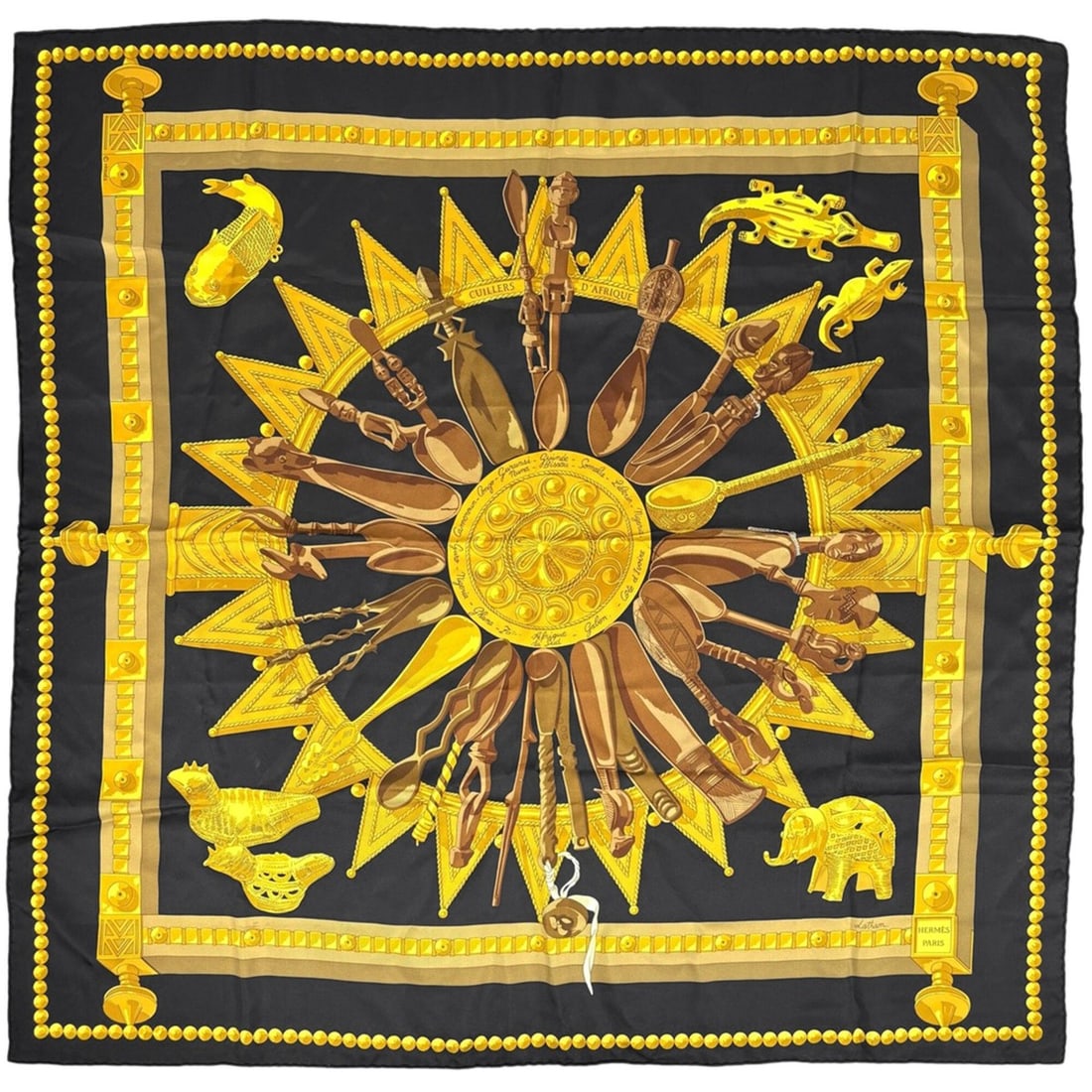 Hermes Carre 90 Cuillers D'AFRIQUE (African Spoons) Scarf/Muffler, Silk, Black/Yellow, Women's (1 of 10)
