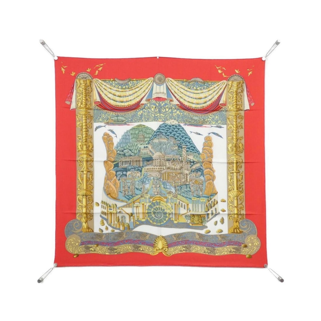 Hermes L'ATLANTIDE Carre Scarf Muffler: --- Catalog ---Category: SizeSize (LxW): 90cm x 90cm / 35.43'' x 35.43''Category: DesignType: ScarfColor: Gold, Red color, WhiteGender: Women,MenMaterial: Silk Category: GeneralBrand: Hermes--- Item L