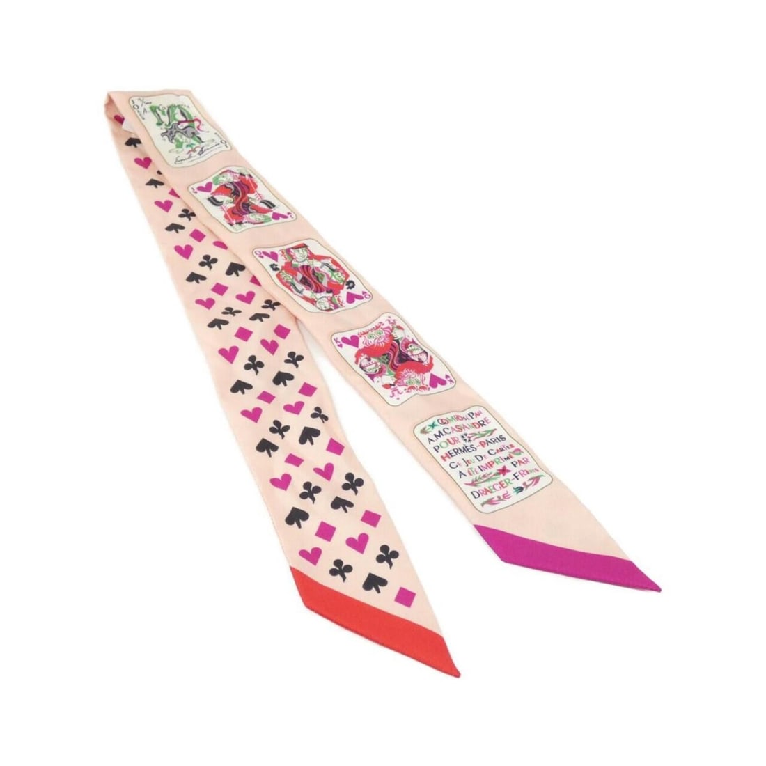 Hermes JEU DE CARTES Twilly 063169S Scarf Muffler: --- Catalog ---Category: SizeSize (LxW): 5cm x 86cm / 1.96'' x 33.85''Category: DesignType: ScarfColor: Fuchsia, PinkGender: Women,MenMaterial: Silk Category: GeneralMPN: 063169SBrand: Hermes--- Item 