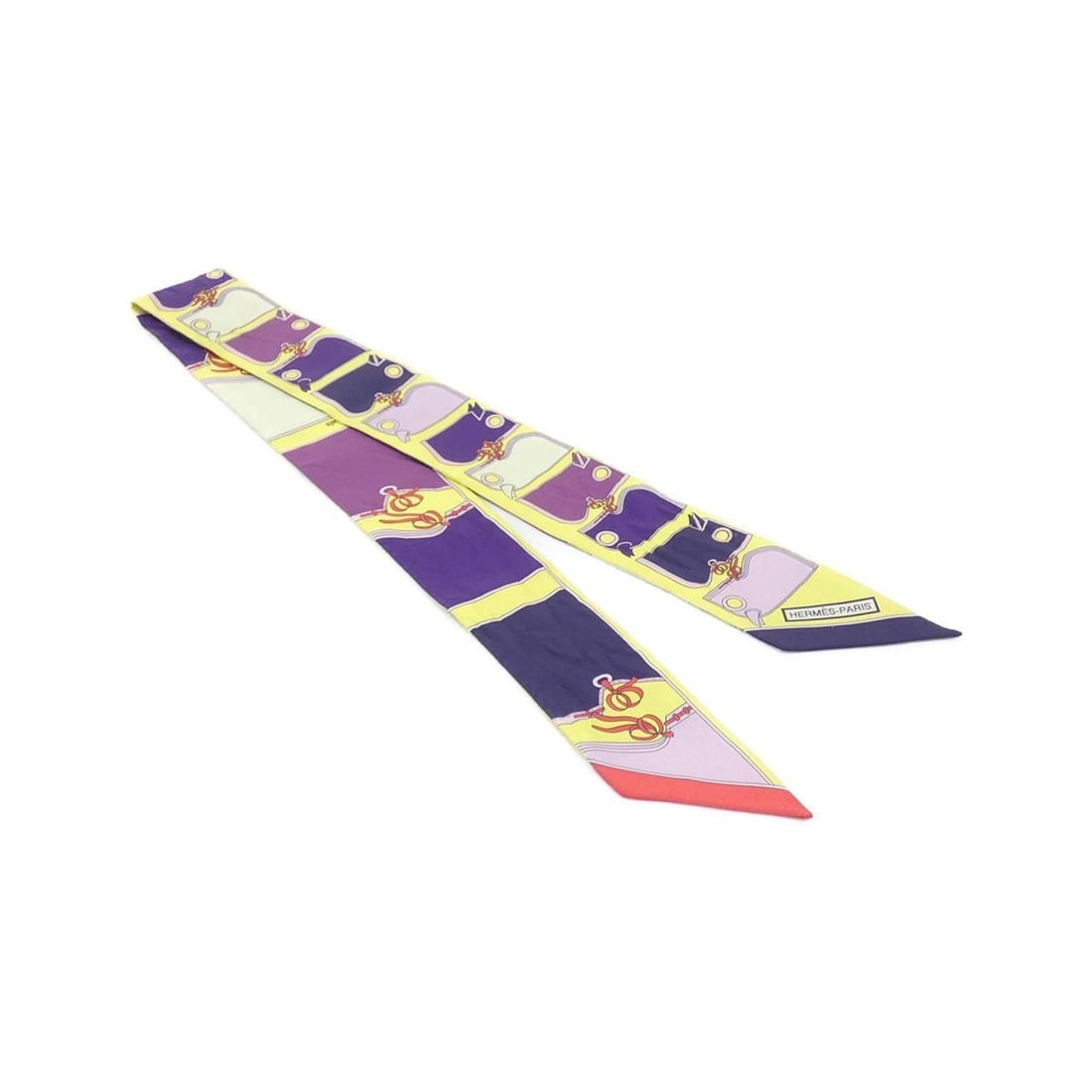 Hermes CAMAILS Twilly 063358S Scarf Muffler: --- Catalog ---Category: SizeSize (LxW): 5cm x 86cm / 1.96'' x 33.85''Category: DesignType: ScarfColor: Purple, YellowGender: Women,MenMaterial: Silk Category: GeneralMPN: 063358SBrand: Hermes--- Item