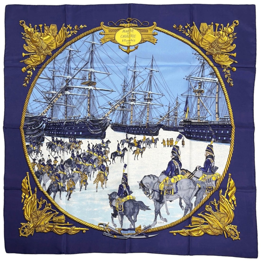 Hermes Carre 90 MARINE ET CAVALERIE (Sea and Cavalry) Scarf/Muffler, Silk, Navy, Multicolor, Women's: --- Catalog ---Category: SizeSize (LxW): 89cm x 89cm / 35.03'' x 35.03''Category: DesignType: ScarfColor: Multi-color, NavyGender: WomenMaterial: Silk 100%Category: GeneralBrand: Hermes--- Item List