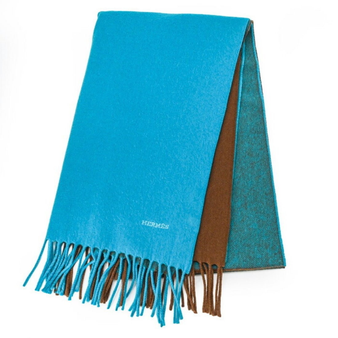 HERMES Hermes Scarf Fabric Reversible Blue x Brown Scarf/Stole Cashmere Women's Men's (1 of 12)