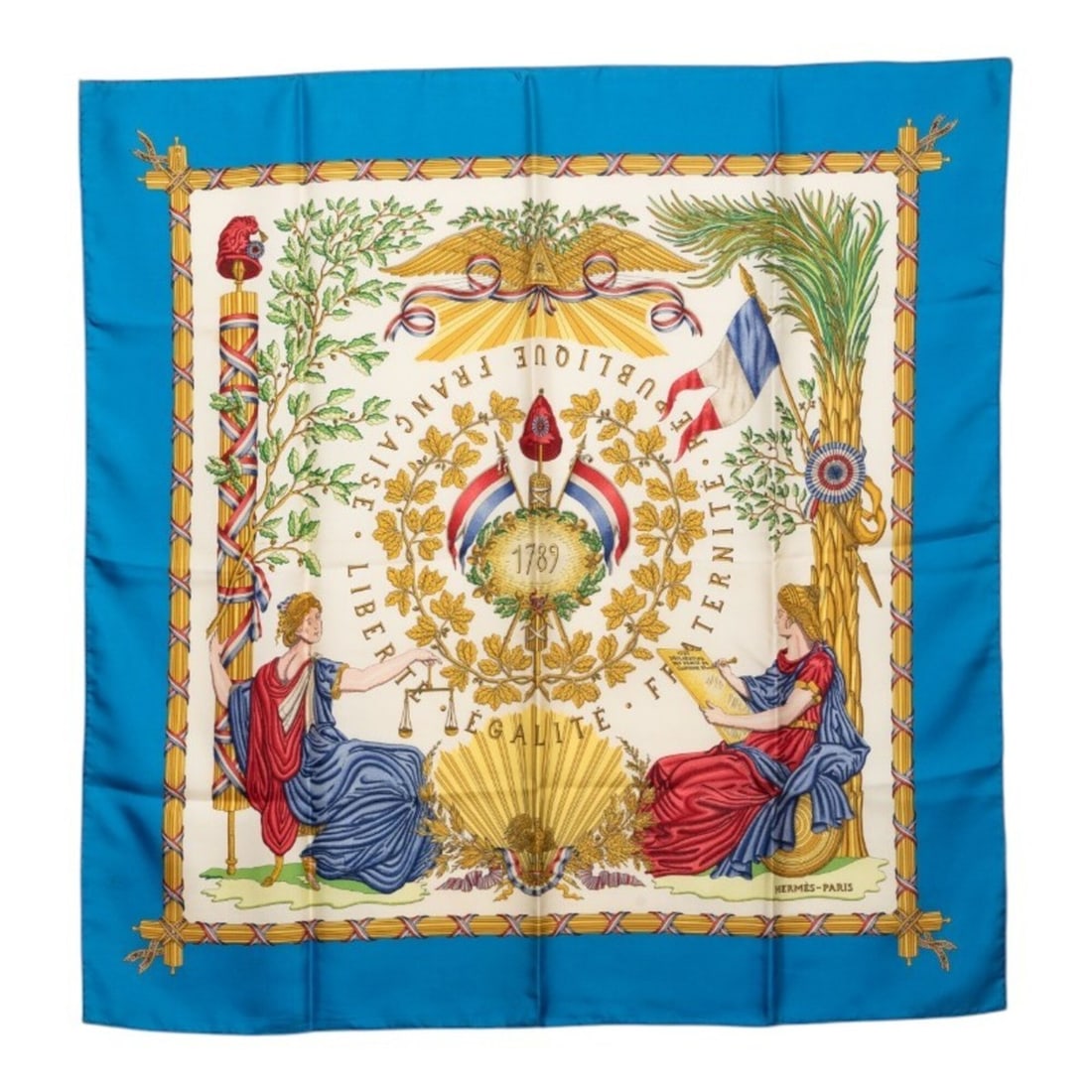 Hermes Carre 90 1789 LIBERTE EGALITE FRATERNITE REPUBLIQUE FRANCAISE French Revolution Scarf Muffler: --- Catalog ---Category: SizeSize (LxW): 90cm x 89cm / 35.43'' x 35.03''Category: DesignType: ScarfColor: Blue, Multi-colorGender: WomenMaterial: Silk Category: GeneralBrand: HermesCountry of Origin: 