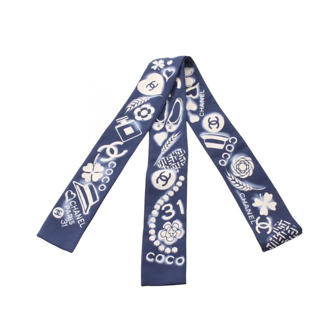 Chanel Icon Ribbon Scarf/Muffler, Silk, Women's, Navy/White: --- Catalog ---Category: SizeSize (LxW): 1.23m x 5cm / 48.42'' x 1.96''Category: DesignType: ScarfColor: Navy, WhiteGender: WomenMaterial: Silk Category: GeneralBrand: Chanel--- Item List ---Section: 