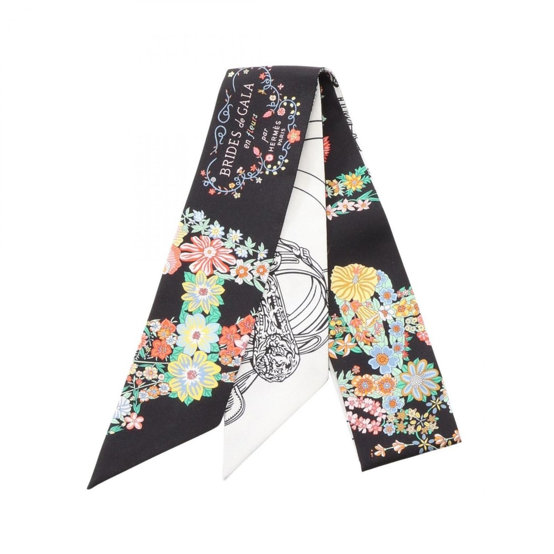Hermes Twilly Brides de Gala en Fleurs Eyeliner Ribbon Scarf Muffler Silk Women's Black White: --- Catalog ---Category: SizeSize (LxW): 85cm x 5cm / 33.46'' x 1.96''Category: DesignType: ScarfColor: Black, Multi-color, WhiteGender: WomenMaterial: Silk Category: GeneralBrand: Hermes--- Item List