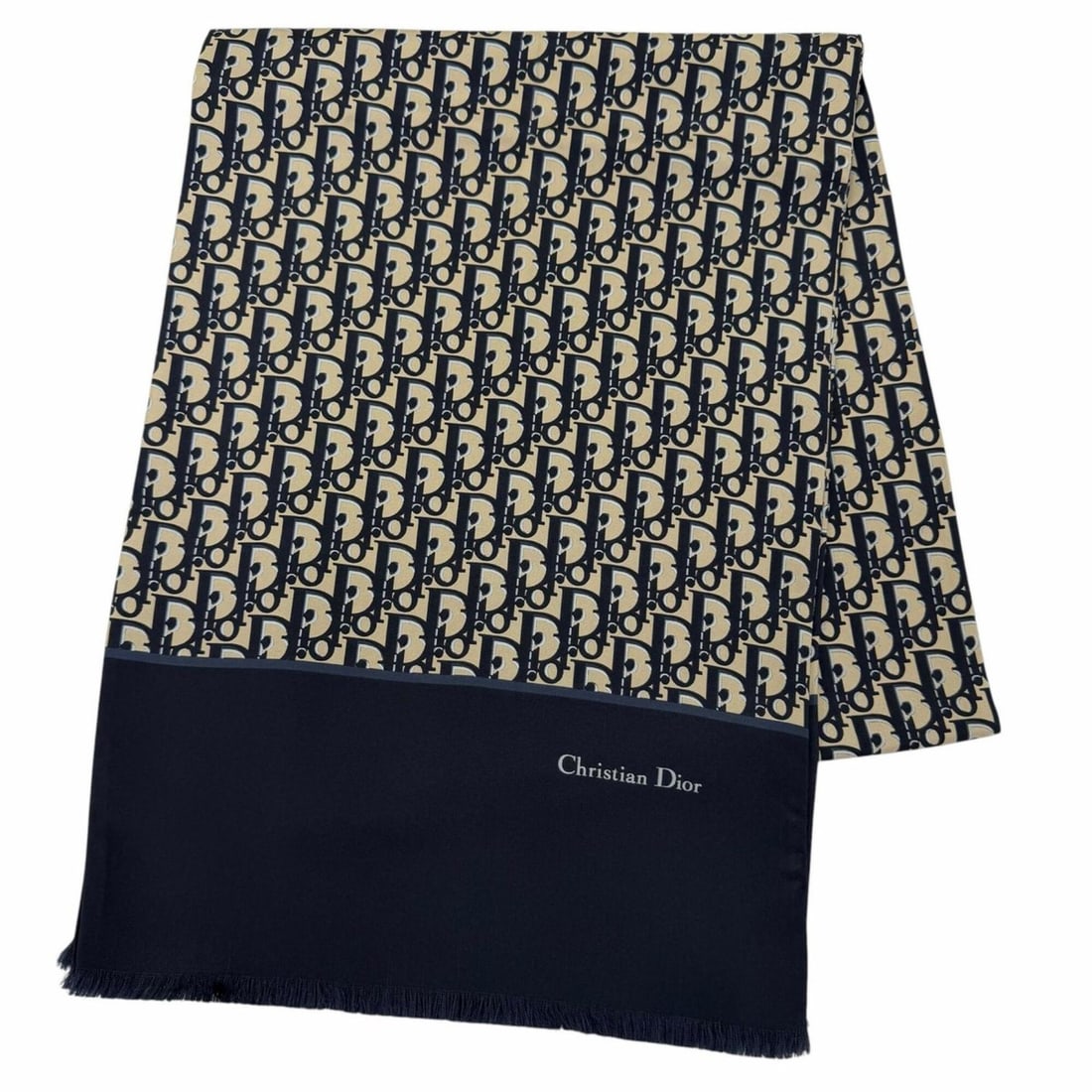 Christian Dior 100% Silk Oblique Trotter Pattern Fringe Stole/Scarf, Navy/Beige, Made in Italy,: --- Catalog ---Category: SizeSize (LxW): 1.74m x 33cm / 68.5'' x 12.99''Category: DesignType: StoleColor: Beige, NavyGender: WomenMaterial: Silk Category: GeneralBrand: Christian DiorCountry of Origin