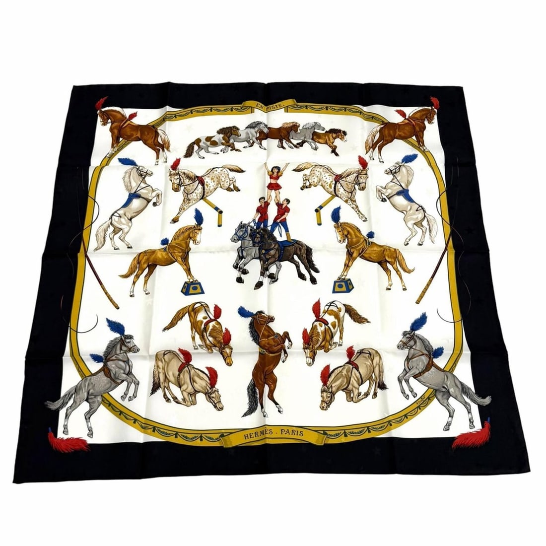 HERMES Carre 90 EN PISTE (On Stage) 100% Silk Scarf/Muffler, White/Black, Made in France, Women's, (1 of 13)