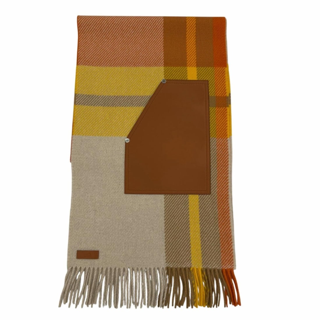 HERMES Tartan Pocket Cuir Applique 100% Cashmere Leather Sellier Hardware Fringe Large Shawl Stole: --- Catalog ---Category: SizeSize (LxW): 1.96m x 35cm / 77.16'' x 13.77''Category: DesignType: ShawlColor: OrangeGender: WomenMaterial: Cashmere , Leather Leather/Fur Type: Lamb leatherCategory: Gener