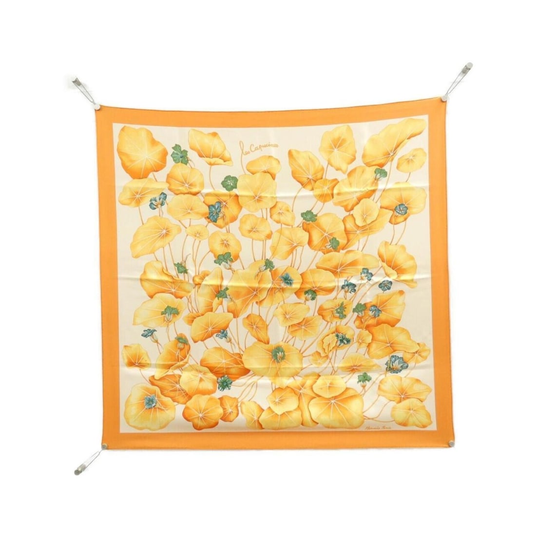Hermes LES CAPUCINES Carre Scarf Muffler: --- Catalog ---Category: SizeSize (LxW): 90cm x 90cm / 35.43'' x 35.43''Category: DesignType: ScarfColor: OrangeGender: WomenMaterial: Silk Category: GeneralBrand: Hermes--- Item List ---Section: