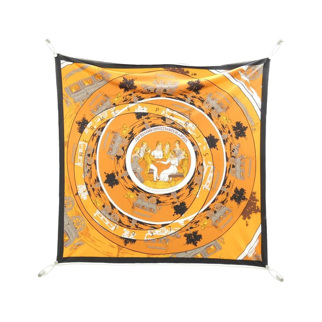 Hermes JEU DES OMNIBUS ET DAMES BLANCHES Smooth Carre Scarf Muffler: --- Catalog ---Category: SizeSize (LxW): 90cm x 90cm / 35.43'' x 35.43''Category: DesignType: ScarfColor: Black, Orange, WhiteGender: WomenMaterial: Silk Category: GeneralBrand: Hermes--- Item List