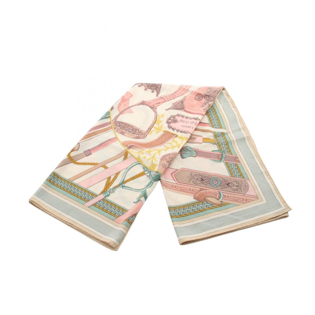 Hermes Carre Geant 140 DUO D'ETRIERS Scarf Muffler Silk Cashmere Women's Ivory Multicolor: --- Catalog ---Category: SizeSize (LxW): 1.36m x 1.36m / 53.54'' x 53.54''Category: DesignType: ScarfColor: Ivory, Multi-colorGender: WomenMaterial: Silk , Cashmere Category: GeneralBrand: Hermes--- I