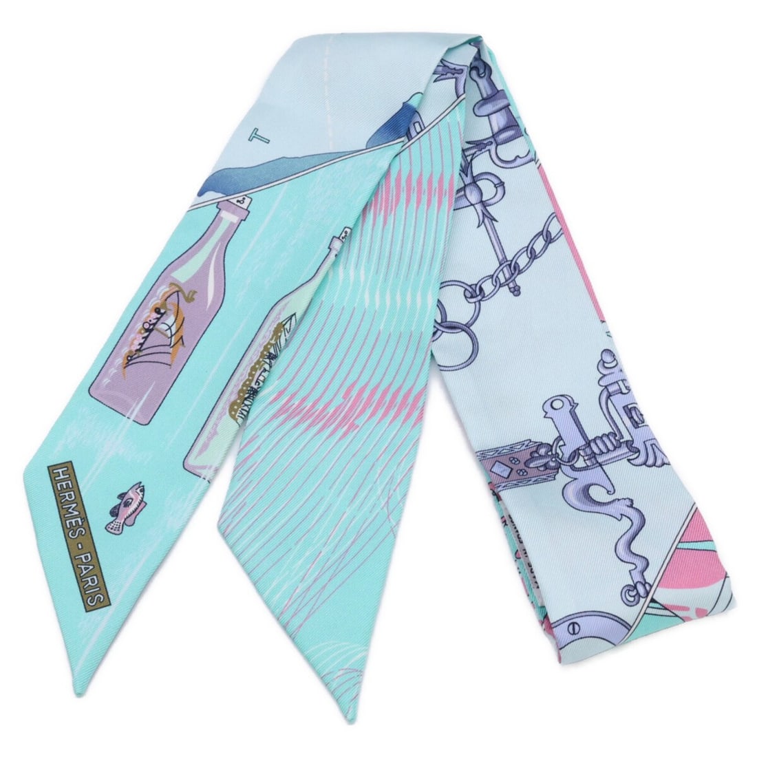 HERMES Caleche Mors et Bouteilles (Caleche Bottle) Twilly Scarf/Muffler, Green, Women's (1 of 9)