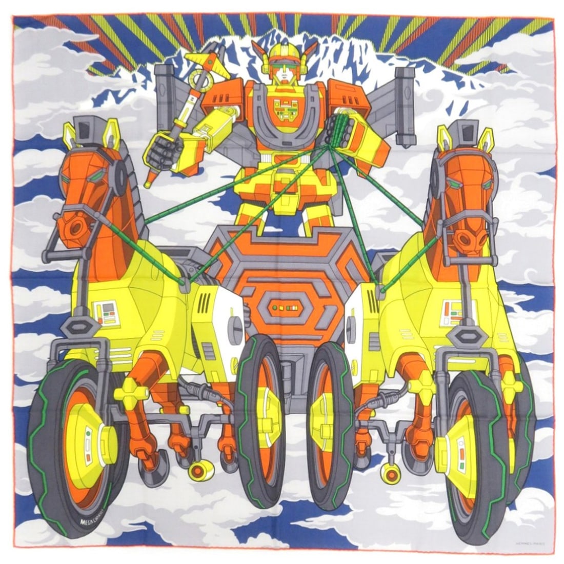 Hermes Carre H100 Mega Chariot 103568T 02 Silk Cashmere Blue Scarf Muffler 0301HERMES: --- Catalog ---Category: SizeSize (LxW): 1m x 1m / 39.37'' x 39.37''Category: DesignType: ScarfColor: Blue, Multi-color, OrangeGender: WomenMaterial: Silk Category: GeneralMPN: 103568T 02Brand: Hermes