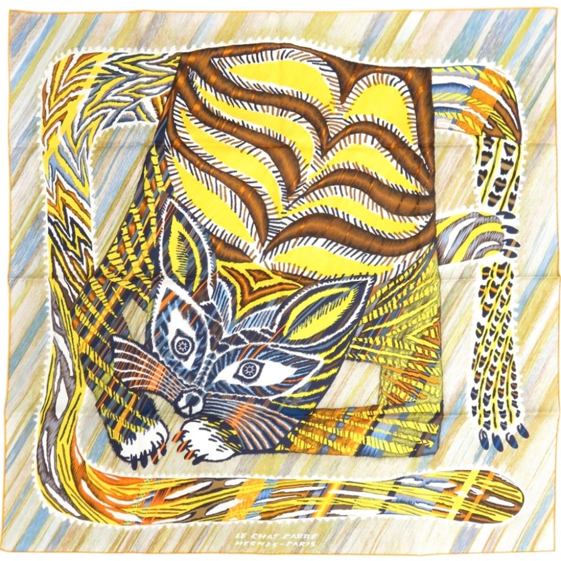 Hermes Carre 90 Double Face LE CHAT CARRE Silk Scarf/Muffler, Yellow, 0833HERMES: --- Catalog ---Category: SizeSize (LxW): 90cm x 90cm / 35.43'' x 35.43''Category: DesignType: ScarfColor: Multi-color, YellowGender: WomenMaterial: Silk Category: GeneralMPN: 003901S 01Brand: HermesCo