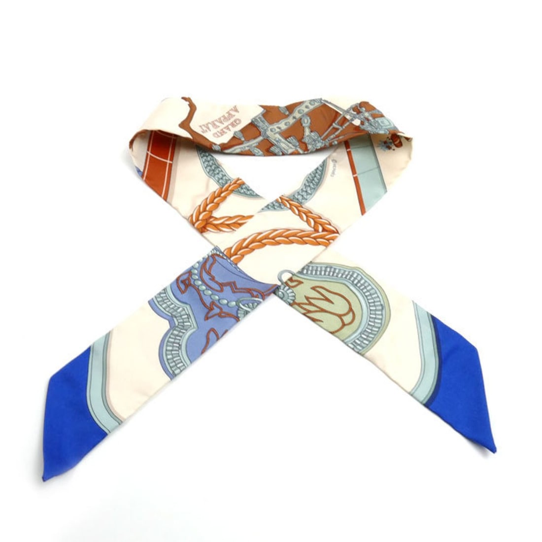 HERMES Twilly Grand Appara Scarf Muffler, Cream Blue Terracotta, Women's: --- Catalog ---Category: SizeSize (LxW): 5cm x 85cm / 1.96'' x 33.46''Category: DesignType: ScarfColor: Blue, CreamGender: WomenMaterial: Silk Category: GeneralBrand: HermesCountry of Origin: France--