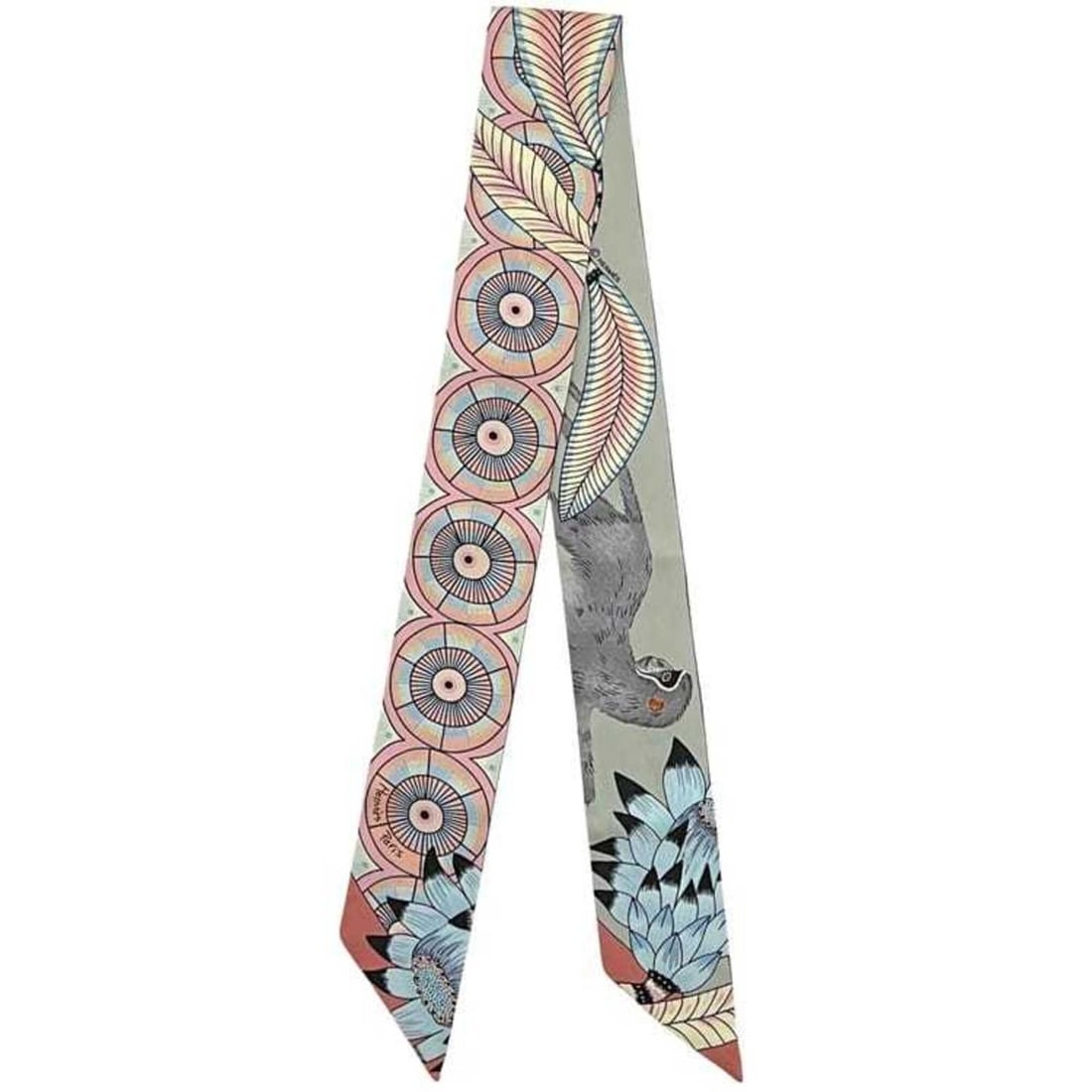Hermes Ribbon Scarf Muffler Twilly Light Green Multicolor Savannah Dance 100% Silk HERMES: --- Catalog ---Category: SizeSize (LxW): 84cm x 5cm / 33.07'' x 1.96''Category: DesignType: ScarfColor: Green, Light green, Multi-colorGender: WomenMaterial: Silk Category: GeneralBrand: Hermes--- Ite