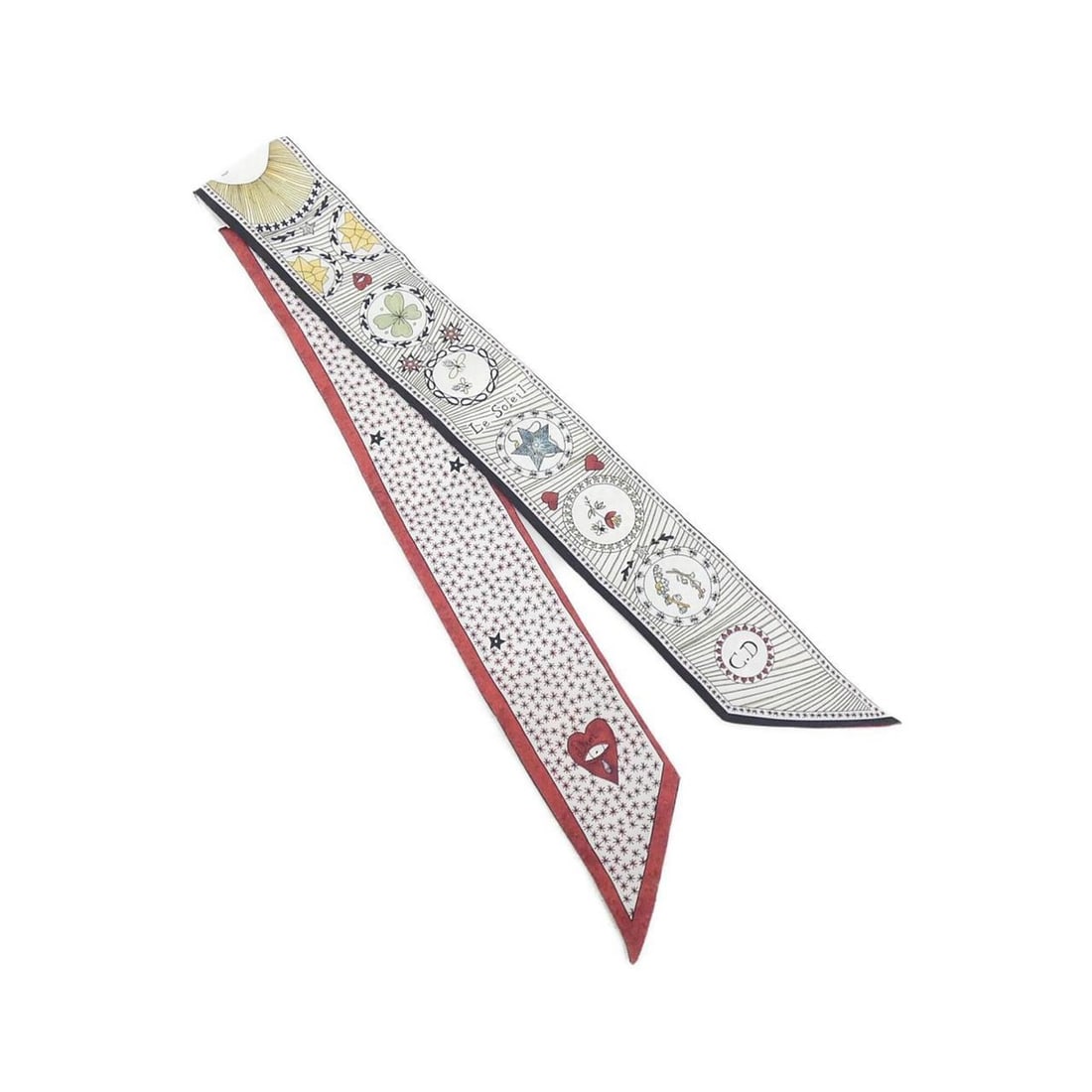 Christian Dior LE SOLEIL scarf muffler: --- Catalog ---Category: SizeSize (LxW): 1.02m x 6cm / 40.15'' x 2.36''Category: DesignType: ScarfColor: Multi-color, WhiteGender: WomenMaterial: Silk Category: GeneralBrand: Christian Dior--- Item