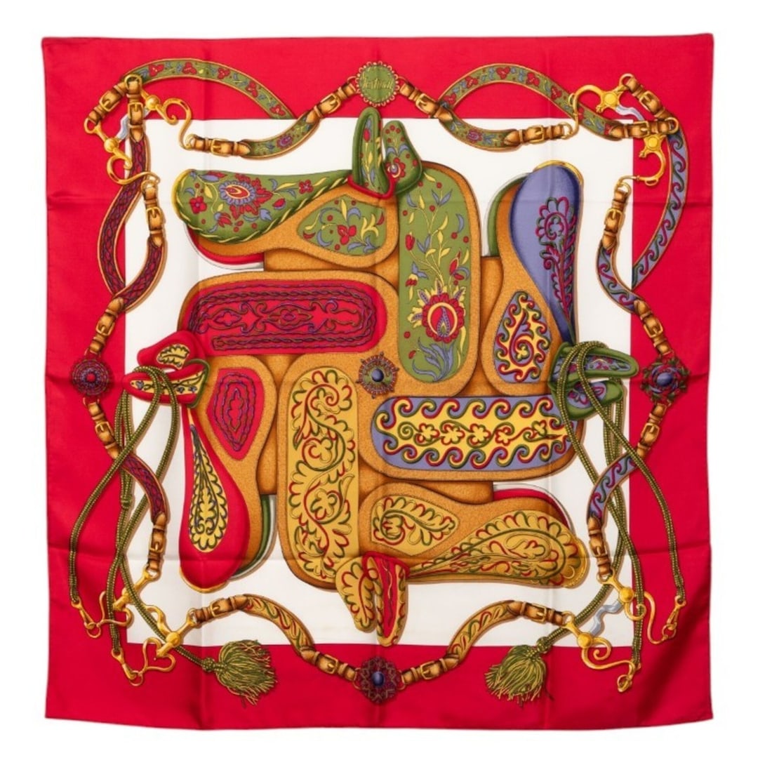 Hermes Carre 90 Festival Scarf/Muffler, Large Size, Red Multicolor Silk, Women's: --- Catalog ---Category: SizeSize (LxW): 89cm x 87cm / 35.03'' x 34.25''Category: DesignType: ScarfColor: Multi-color, Red colorGender: WomenMaterial: Silk Category: GeneralBrand: Hermes--- Item List 