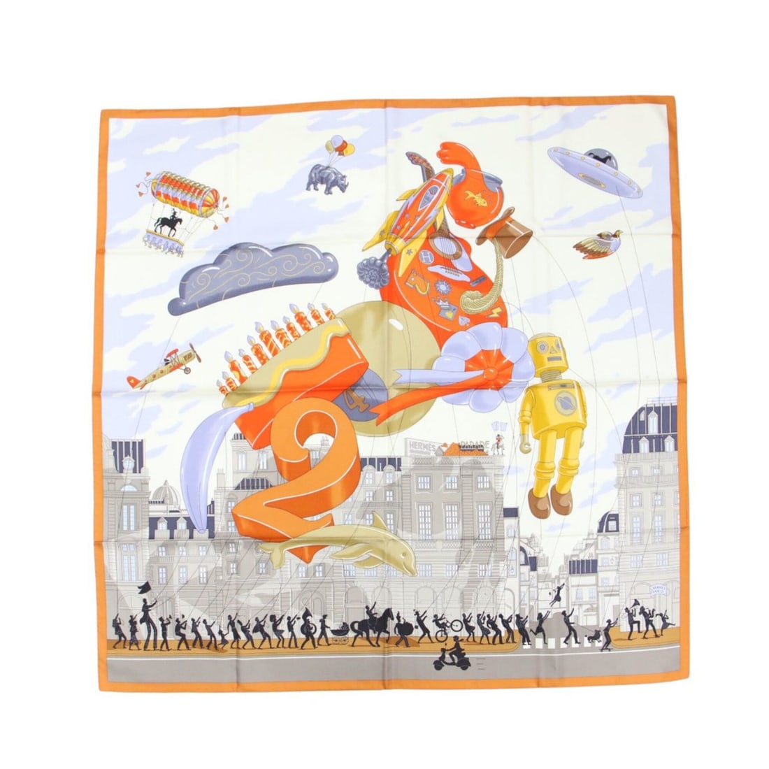 HERMES Carre 90 Hermes Parade Silk Scarf Muffler Large Print Orange White Gray Women's (1 of 13)