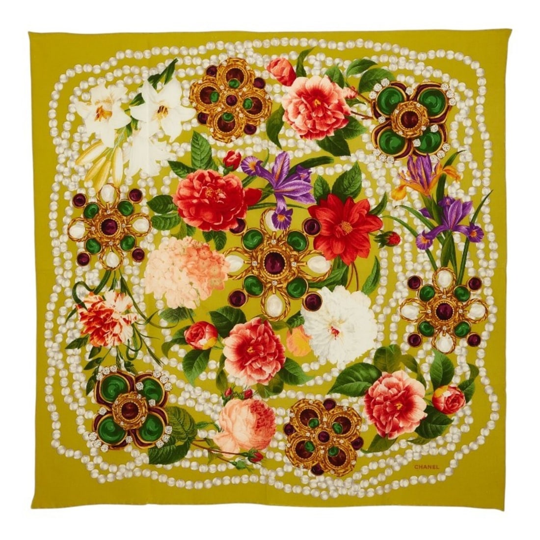 Chanel Flower Pattern Scarf/Muffler, Large Size, Green Tones, Multicolor, Silk, Women's.: --- Catalog ---Category: SizeSize (LxW): 84cm x 85cm / 33.07'' x 33.46''Category: DesignType: ScarfColor: Green, Multi-colorGender: WomenMaterial: Silk Category: GeneralBrand: Chanel--- Item List ---S