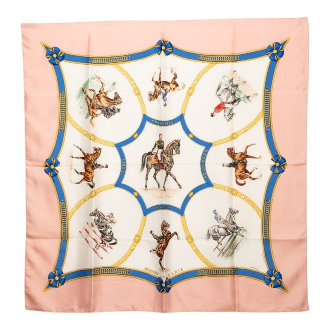 Hermes Carre 90 ECOLE FRANCAISE D'EQUITATION (French National Riding School) Scarf/Muffler, Pink and: --- Catalog ---Category: SizeSize (LxW): 88.5cm x 87.5cm / 34.84'' x 34.44''Category: DesignType: ScarfColor: Pink, WhiteGender: WomenMaterial: Silk Category: GeneralBrand: HermesCountry of Origin: