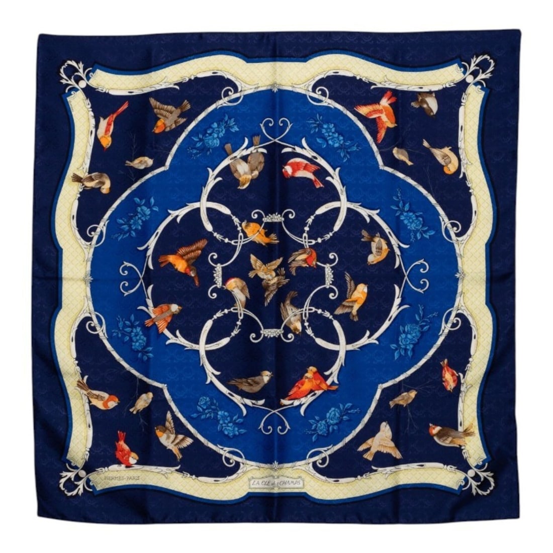 Hermes Carre 90 LA CL des CHAMPS Key to Liberty Scarf/Muffler Blue Navy Silk Women's HERMES: --- Catalog ---Category: SizeSize (LxW): 88cm x 87cm / 34.64'' x 34.25''Category: DesignType: ScarfColor: Blue, NavyGender: WomenMaterial: Silk Category: GeneralBrand: Hermes--- Item List ---Section: 