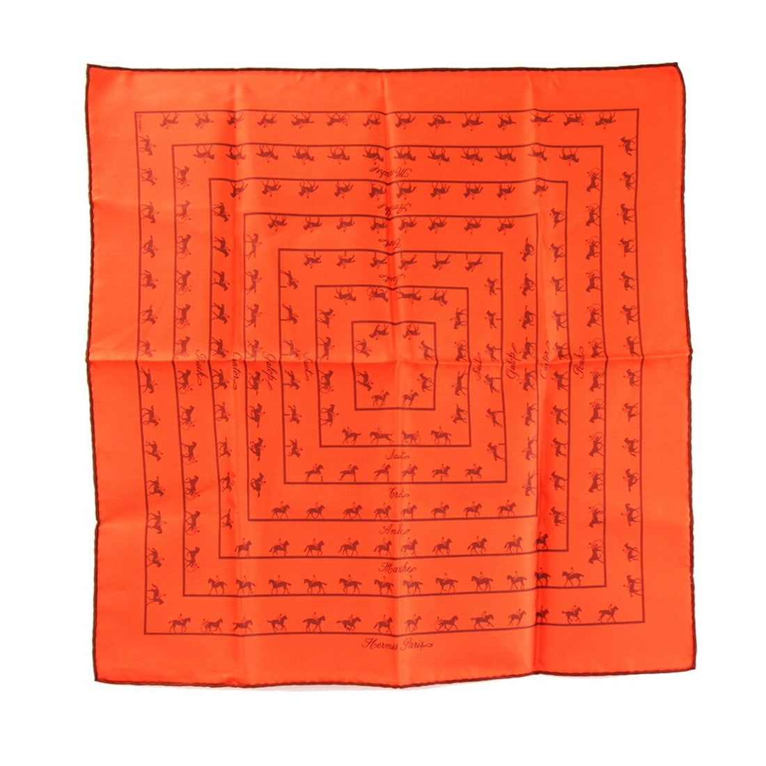 Hermes Scarf/Muffler, Carre 42, Saut Galop Canter Rack, Orange, 100% Silk, Horse Design, Petit: --- Catalog ---Category: SizeSize (LxW): 42cm x 41cm / 16.53'' x 16.14''Category: DesignType: ScarfColor: OrangeGender: WomenMaterial: Silk 100%Category: GeneralBrand: HermesCountry of Origin: France-