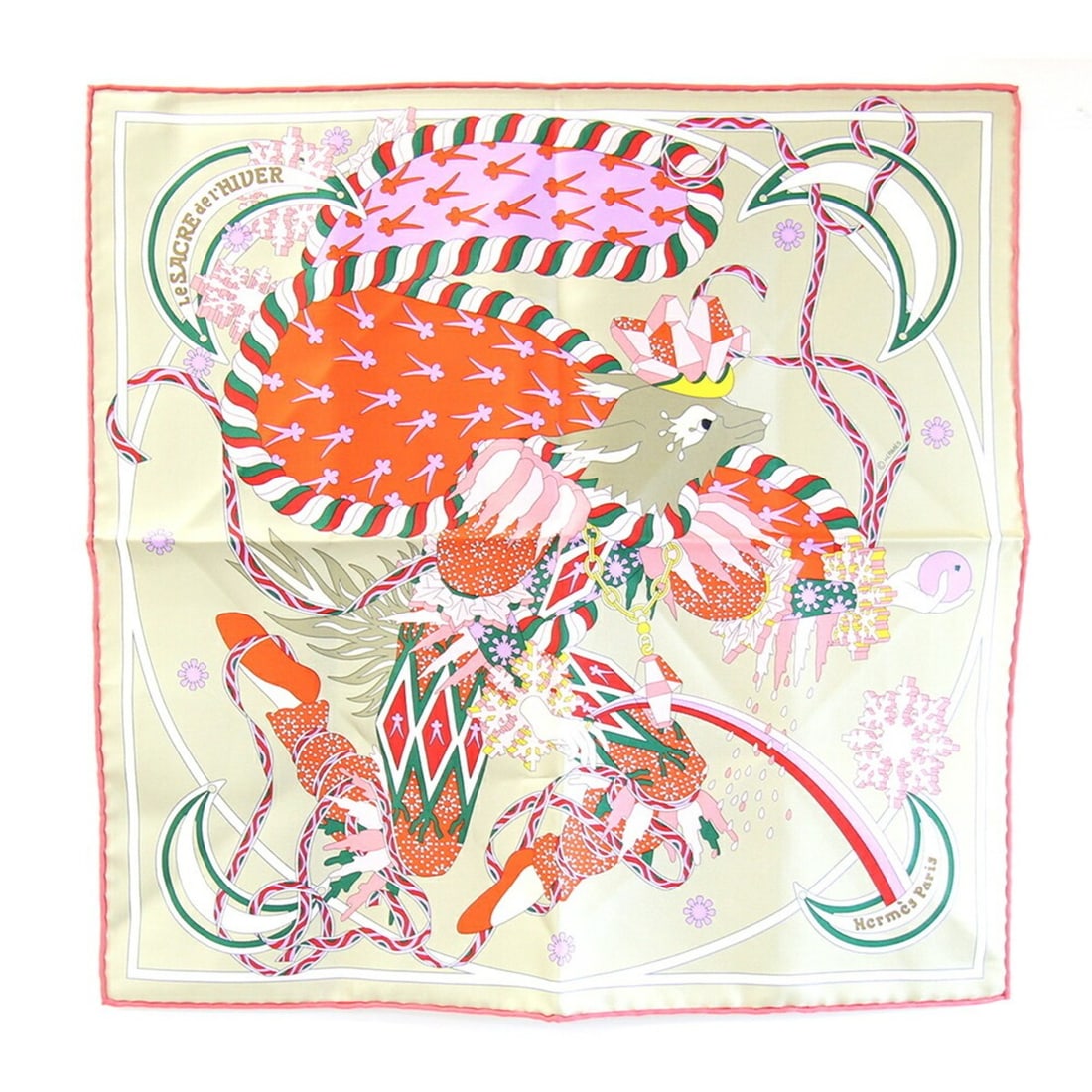 Hermes Scarf Muffler Carre 42 Le Sacre de l’Hiver (The Festival of Winter) 100% Silk Petit Pocket: --- Catalog ---Category: SizeSize (LxW): 42cm x 41.5cm / 16.53'' x 16.33''Category: DesignType: ScarfColor: Gray, Multi-color, PinkGender: WomenMaterial: Silk 100%Category: GeneralBrand: HermesCountry