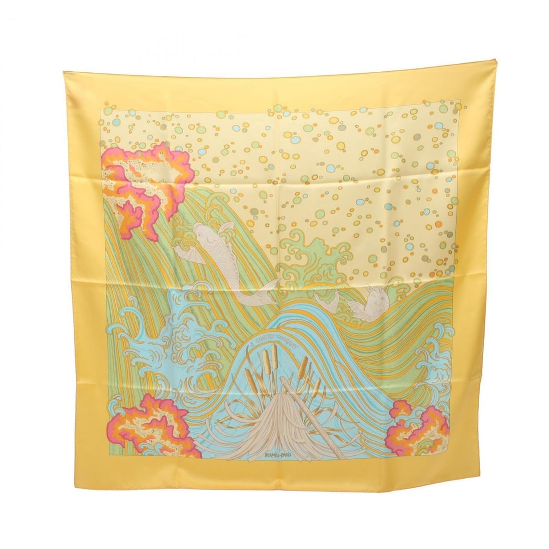 Hermes Carre 90 A CONTRE COURANT Scarf/Muffler, Silk, Women's, Yellow/Blue Multicolor: --- Catalog ---Category: SizeSize (LxW): 89cm x 89cm / 35.03'' x 35.03''Category: DesignType: ScarfColor: Blue, Multi-color, YellowGender: WomenMaterial: Silk Category: GeneralBrand: Hermes--- Item Li