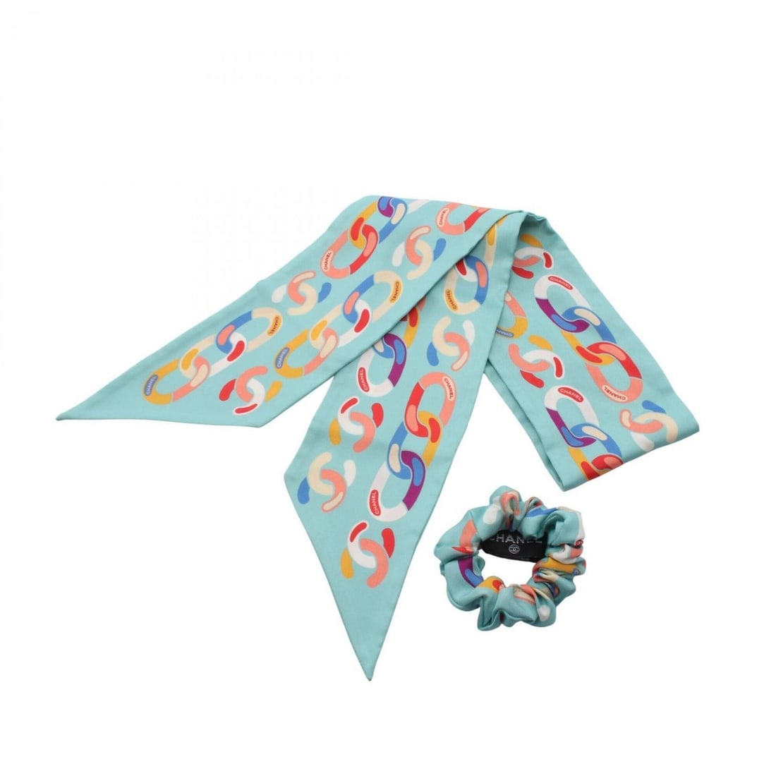 Chanel Coco Mark Scrunchie Scarf and Muffler 2-Piece Set, Silk, Women's, Blue Multicolor: --- Catalog ---Category: SizeSize (LxW): 98cm x 8.5cm / 38.58'' x 3.34''Category: DesignType: ScarfColor: Blue, Multi-colorGender: WomenMaterial: Silk Category: GeneralBrand: Chanel--- Item List ---Se