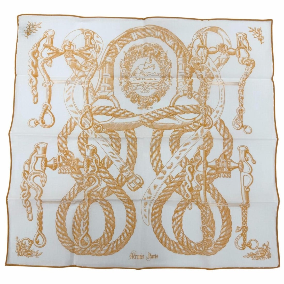 HERMES Carre 45 Della Cavalleria 100% Cotton Scarf/Muffler/Handkerchief Orange White Women's with: --- Catalog ---Category: SizeSize (LxW): 41cm x 43cm / 16.14'' x 16.92''Category: DesignType: HandkerchiefColor: Orange, WhiteGender: WomenMaterial: Cotton Category: GeneralBrand: Hermes--- Item List 