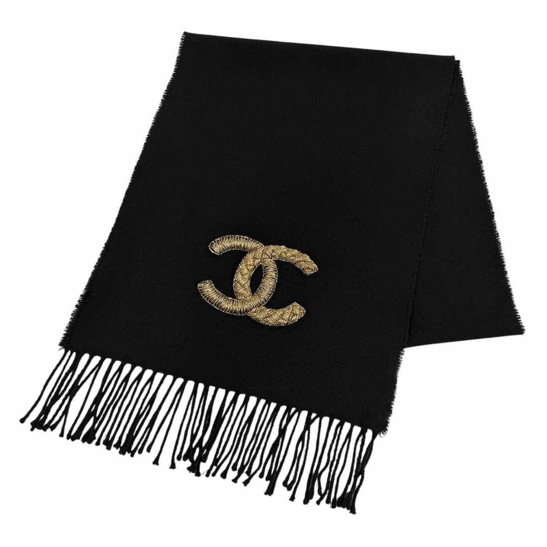 CHANEL Wool Cashmere Blend Stole/Scarf with Coco Mark and Fringe - Black Gold Made in Italy Women's: --- Catalog ---Category: SizeSize (LxW): 1.75m x 34.5cm / 68.89'' x 13.58''Category: DesignType: StoleColor: Black, GoldGender: WomenMaterial: Wool , Cashmere , Polyester , Metal , Silk Category: Gene