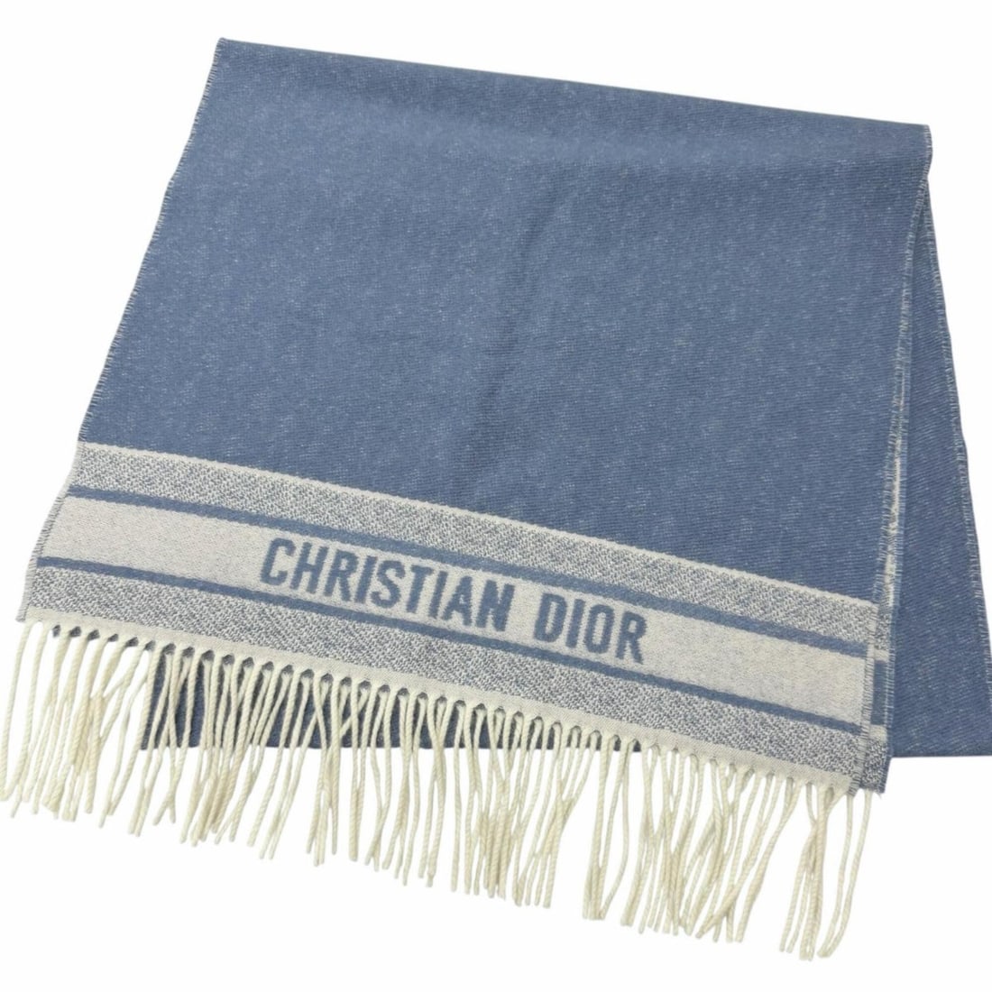 Christian Dior 25CDO309I093 100% Cashmere Oblique Pattern Large Shawl Fringe Scarf Blue Ivory Made: --- Catalog ---Category: SizeSize (LxW): 1.8m x 48.5cm / 70.86'' x 19.09''Category: DesignType: StoleColor: Blue, IvoryGender: WomenMaterial: Cashmere Category: GeneralMPN: 25CDO309I093Brand: Christia