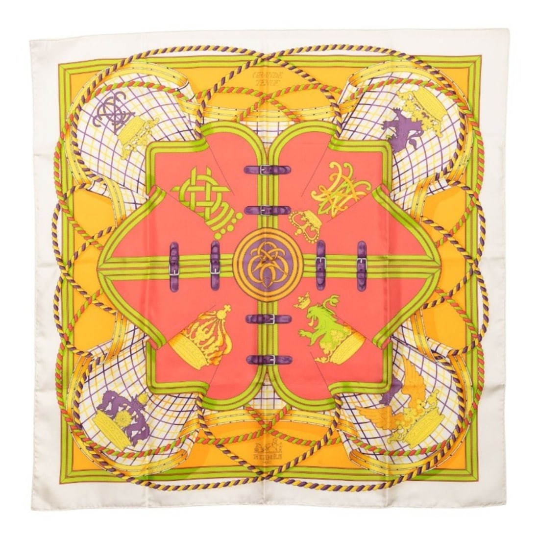 Hermes Carre 90 GRANDE TENUE Horse Ceremonial Scarf/Muffler, Large Size, White/Multicolor Silk,: --- Catalog ---Category: SizeSize (LxW): 87cm x 90cm / 34.25'' x 35.43''Category: DesignType: ScarfColor: Multi-color, WhiteGender: WomenMaterial: Silk Category: GeneralBrand: Hermes--- Item List ---S