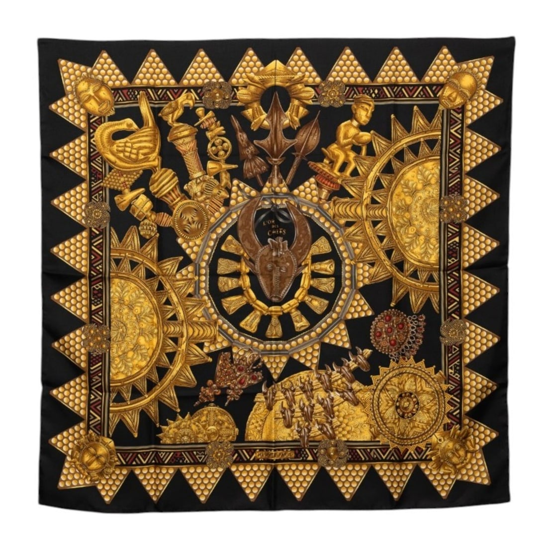 Hermes Carre 90 "Lor des Chefs" (Golden Scarf of the Chiefs) Large Black Gold Silk for Women: --- Catalog ---Category: SizeSize (LxW): 88cm x 89cm / 34.64'' x 35.03''Category: DesignType: ScarfColor: Black, GoldGender: WomenMaterial: Silk Category: GeneralBrand: Hermes--- Item List ---Section: