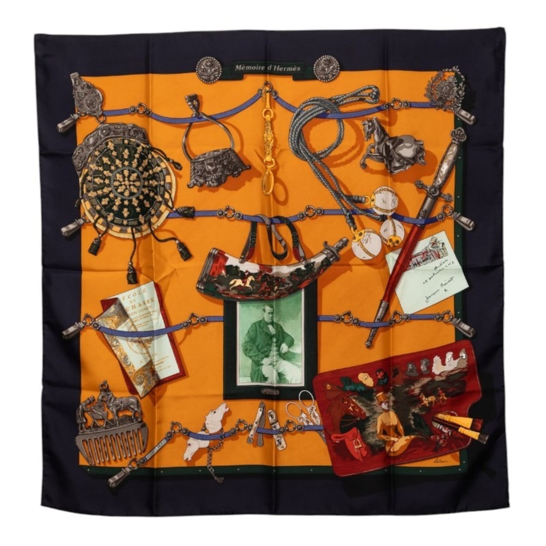 Hermes Carre 90 Memoire d’Hermes Scarf/Muffler, Large Size, Navy/Orange Tones, Silk, Women's: --- Catalog ---Category: SizeSize (LxW): 90cm x 89cm / 35.43'' x 35.03''Category: DesignType: ScarfColor: Navy, OrangeGender: WomenMaterial: Silk Category: GeneralBrand: Hermes--- Item List ---Section