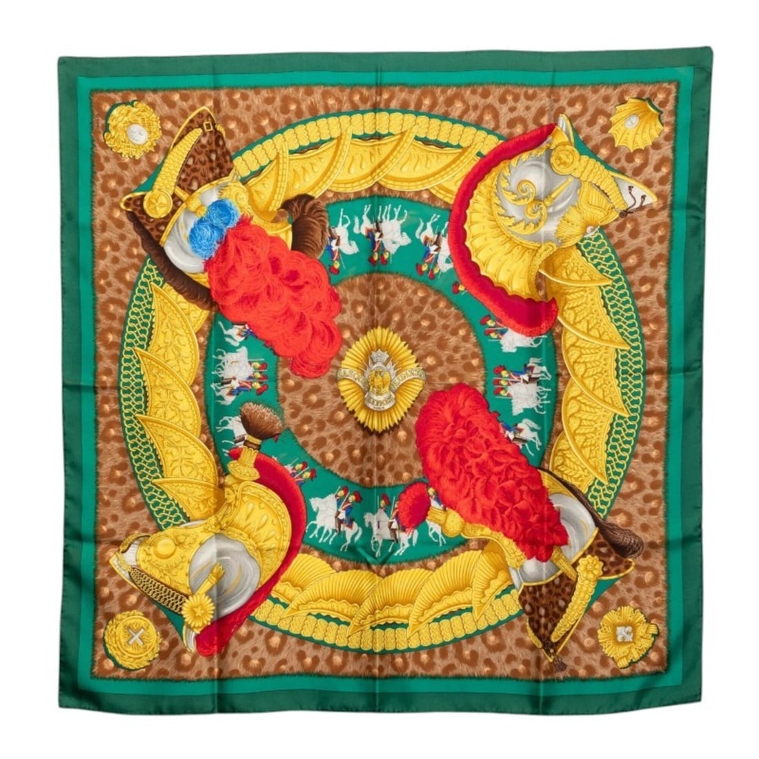 Hermes Carre 90 CASQUES et PLUMETS (Helmets Without Faces) Scarf/Muffler, Large Size,: --- Catalog ---Category: SizeSize (LxW): 89cm x 89cm / 35.03'' x 35.03''Category: DesignType: ScarfColor: Green, Multi-colorGender: WomenMaterial: Silk Category: GeneralBrand: Hermes--- Item List ---S