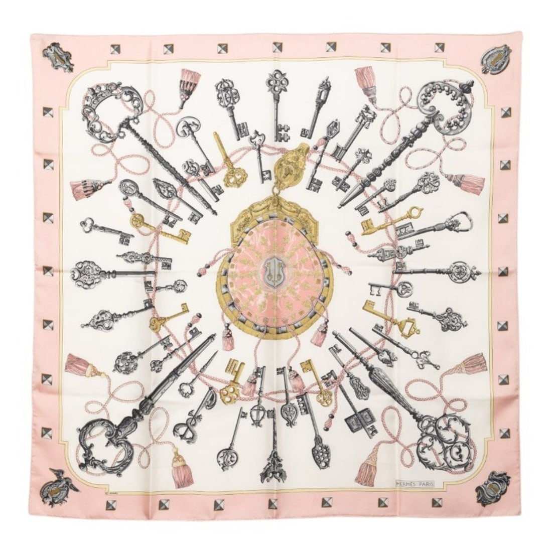 Hermes Carre 90 LES CLES Key Scarf/Muffler, Large Size, Pink/White Silk, Women's.: --- Catalog ---Category: SizeSize (LxW): 88cm x 90cm / 34.64'' x 35.43''Category: DesignType: ScarfColor: Pink, WhiteGender: WomenMaterial: Silk Category: GeneralBrand: Hermes--- Item List ---Section: