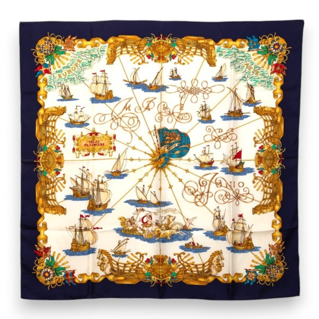 Hermes Carre 90 VOILES DE LUMIERE (Sailboats of Light) Scarf/Muffler, Large Size, Navy Multicolor: --- Catalog ---Category: SizeSize (LxW): 87cm x 89cm / 34.25'' x 35.03''Category: DesignType: ScarfColor: Multi-color, NavyGender: WomenMaterial: Silk Category: GeneralBrand: Hermes--- Item List ---Se