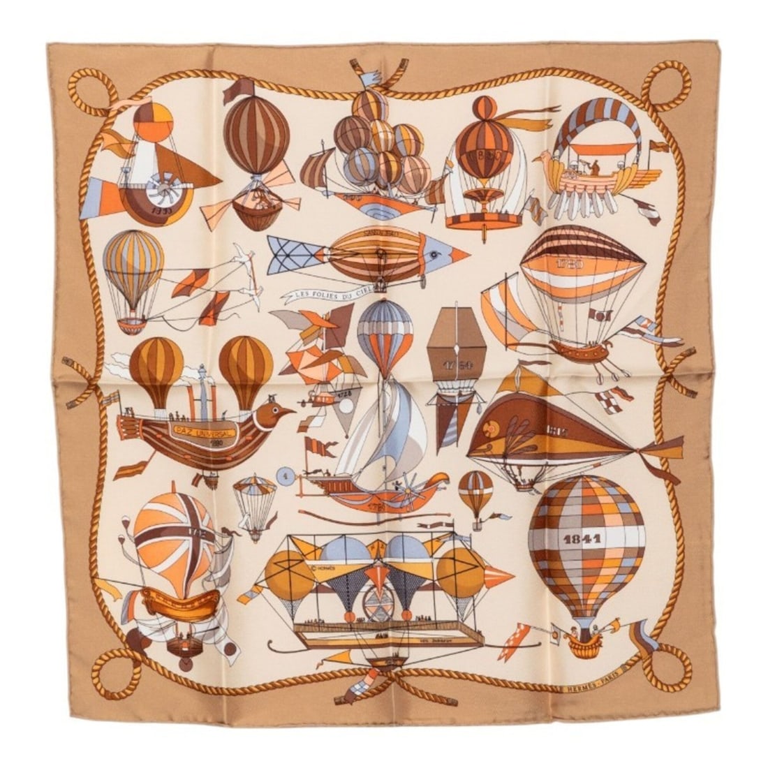 Hermes Carre 40 LES FOLIES DU CIEL (Madness of the Sky) Scarf/Muffler, Beige Multicolor Silk,: --- Catalog ---Category: SizeSize (LxW): 42.5cm x 41.5cm / 16.73'' x 16.33''Category: DesignType: ScarfColor: Beige, Multi-colorGender: WomenMaterial: Silk Category: GeneralBrand: Hermes--- Item List 