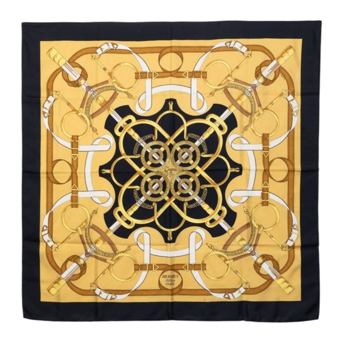 Hermes Carre 90 Eperon d’or (Golden Spur) Scarf/Muffler, Black/Gold Silk, Women's.: --- Catalog ---Category: SizeSize (LxW): 87.5cm x 88cm / 34.44'' x 34.64''Category: DesignType: ScarfColor: Black, GoldGender: WomenMaterial: Silk Category: GeneralBrand: Hermes--- Item List ---Sectio