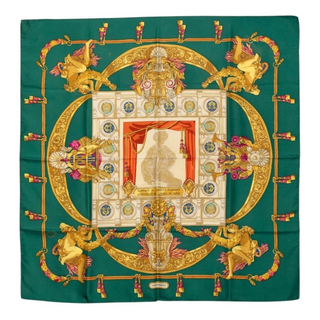 Hermes Carre 90 Hommage a Charles Garnier Scarf/Muffler, Green Multicolor Silk, Women's: --- Catalog ---Category: SizeSize (LxW): 89cm x 88.5cm / 35.03'' x 34.84''Category: DesignType: ScarfColor: Green, Multi-colorGender: WomenMaterial: Silk Category: GeneralBrand: Hermes--- Item List --