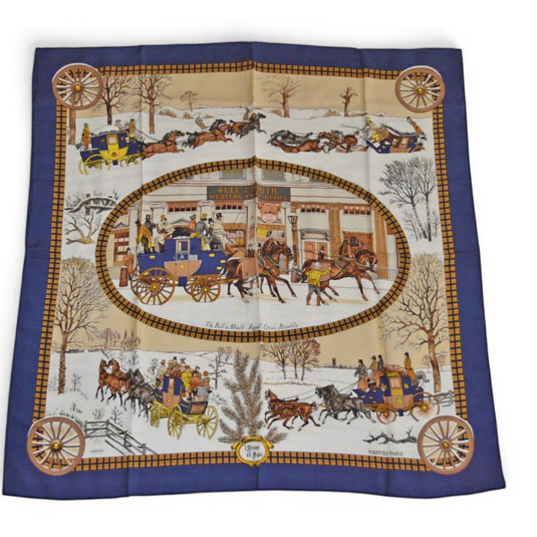 Hermes Carre 90 Scarf/Muffler - "L'Hiver en Poste" (Postal Coach) design, navy and white, for women.: --- Catalog ---Category: SizeSize (LxW): 88cm x 88cm / 34.64'' x 34.64''Category: DesignType: ScarfColor: NavyGender: WomenMaterial: Silk Category: GeneralBrand: HermesCountry of Origin: France---